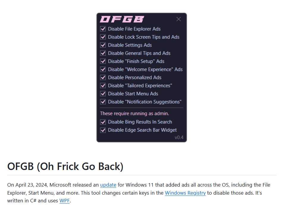OFGB汉化版(广告滚蛋)v0.3Windows11一键关闭广告-软件资源论坛-交流广场-优选资源网_1